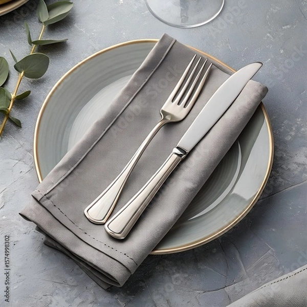 Fototapeta A neatly arranged dining table setting with a gray plate, silver fork, and knife placed on a folded gray napkin. A sprig of eucalyptus adds a touch of greenery.