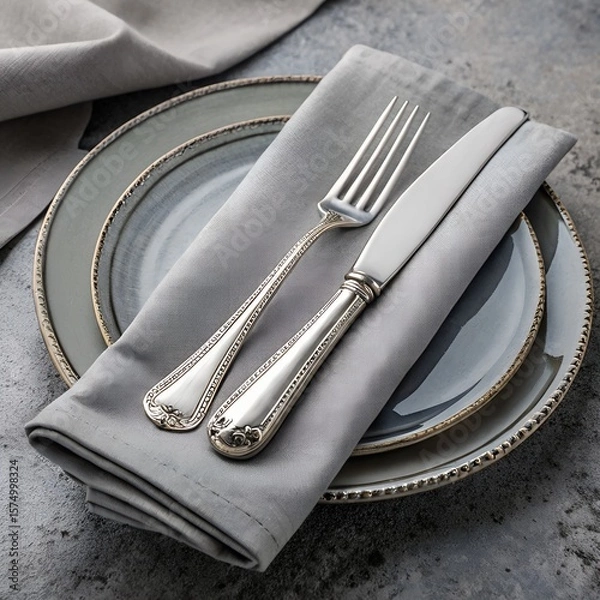Fototapeta A neatly arranged dining table setting with a gray napkin, silver cutlery, and decorative plates. The background features a textured surface.