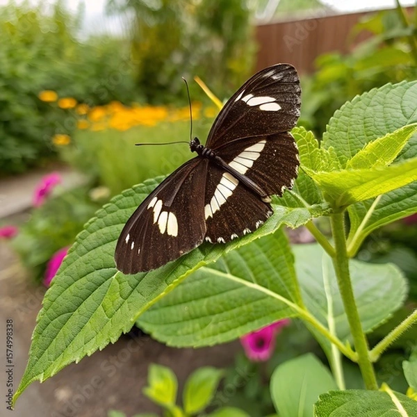 Fototapeta A black and white butterfly rests on a green leaf in a vibrant garden filled with colorful flowers. The scene captures the beauty of nature in a serene setting.