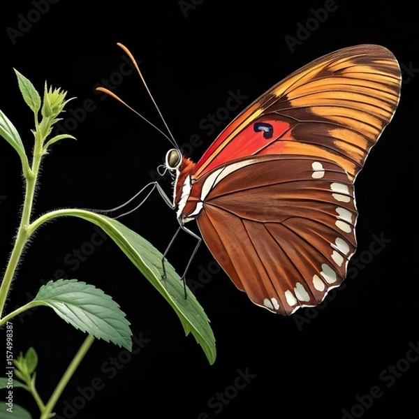 Fototapeta A vibrant orange and brown butterfly rests on a green leaf against a black background. The butterfly displays intricate patterns on its wings.