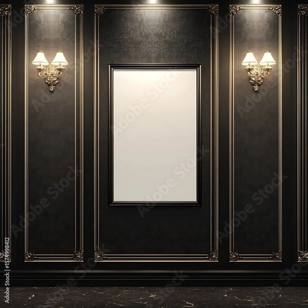 Fototapeta Elegant wall featuring an empty picture frame with ornate gold trim and sconces offers a luxurious interior design element.