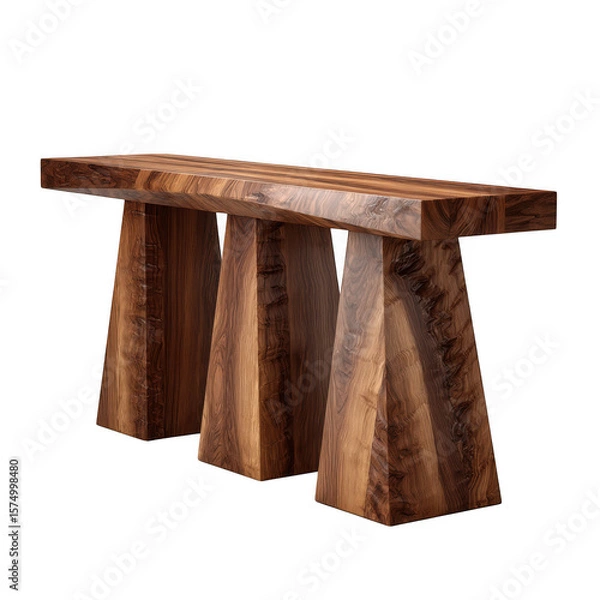 Fototapeta Modern geometric wood console table with unique tapered legs isolated on transparent background