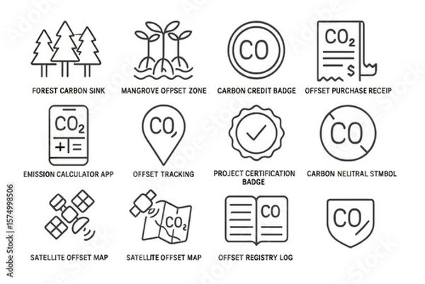 Obraz Environmental icons for carbon offset and emission reduction initiatives