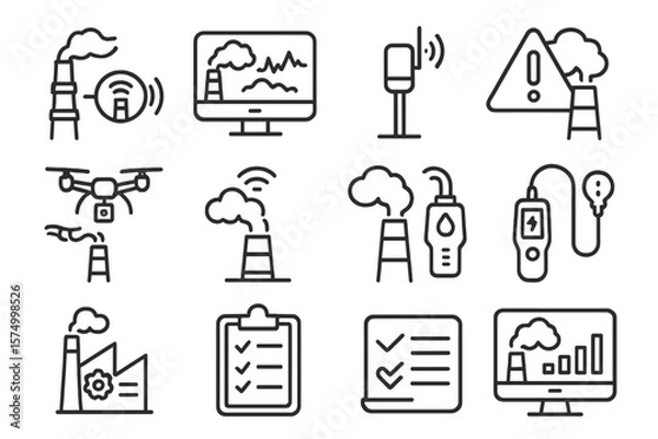 Obraz Air pollution monitoring icons set: drones, sensors, data analysis, factory emissions