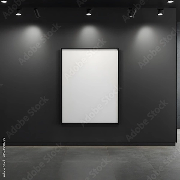 Fototapeta Modern art gallery interior features a blank poster on a black wall illuminated by spotlights providing copy space.