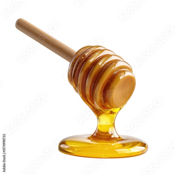 Fototapeta Golden honey dripping from wooden dipper isolated on transparent background