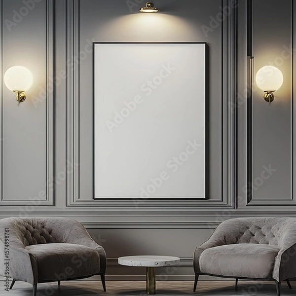 Fototapeta Blank canvas presents an opportunity in this elegant room with stylish chairs and a marble table, ready for custom art.