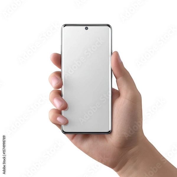 Fototapeta Hand holding a modern smartphone with a blank white screen isolated on transparent background