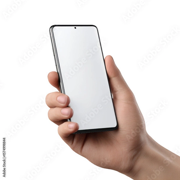 Fototapeta Hand holding a modern smartphone with a blank screen isolated on transparent background