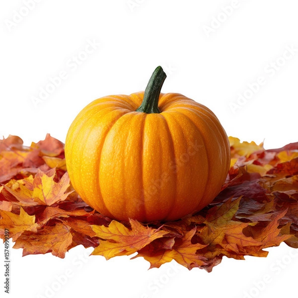 Fototapeta Bright orange pumpkin resting on colorful autumn maple leaves isolated on transparent background