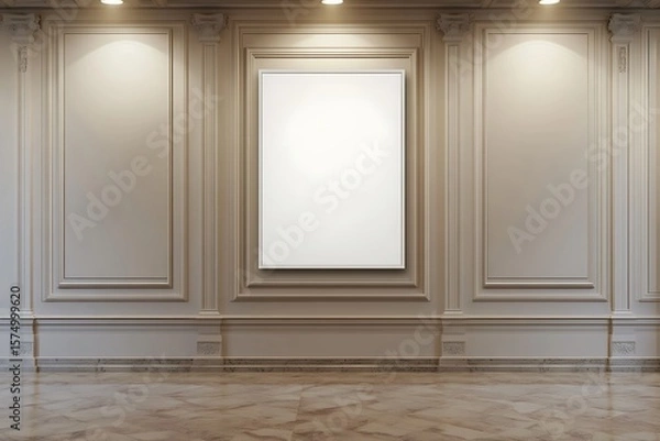 Fototapeta Elegant interior featuring a frame, decorative molding, and recessed wall panels illuminated by ceiling spotlights in a classical design.
