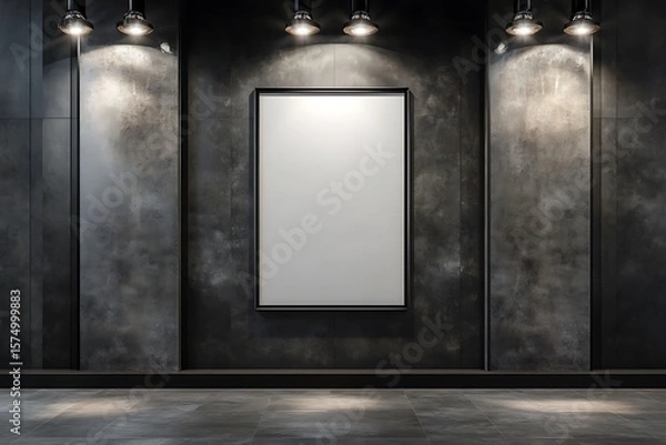 Fototapeta Modern blank framed poster hangs on a dark concrete wall, illuminated by spotlight lamps in an art gallery or showroom