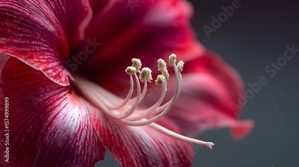 Fototapeta Extreme Macro Photography of Amaryllis (Hippeastrum) Emphasizing Delicate Curves, Mesmerizing Stamen, and Brilliant Lighting Effects