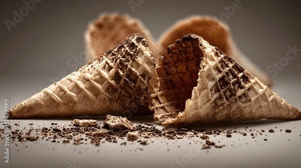 Fototapeta Isolated Artistic Presentation of Abandoned Ice Cream Cones and Wafer Remnants on a Minimalist Background with Gentle Diffuse Lighting Enhancing Textural Details and Overall Visual Elegance