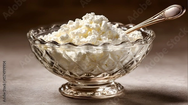 Fototapeta Exquisitely detailed macro shot of granulated cottage cheese in a sleek glass bowl with a pristine spoon highlighting the delicate dairy texture