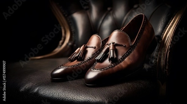 Fototapeta Elegant Close-Up of Tasseled Loafers on a Sleek Designer Chair Highlighting Exquisite Textures and Luxury Ambiance