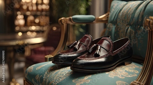 Fototapeta Refined Scene of Tasseled Loafers on a Chic Designer Chair with Intricate Textures and Serene, Upscale Detailing