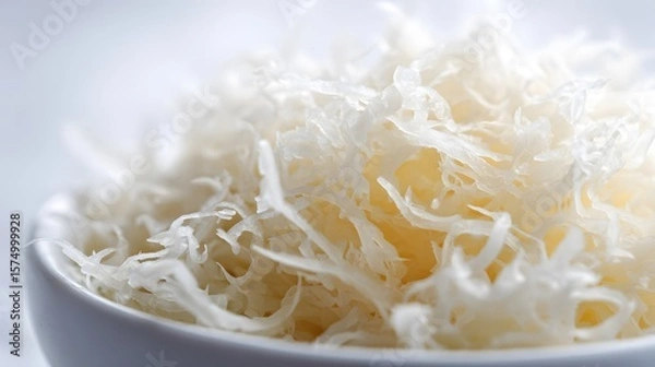 Fototapeta Exquisite Macro Close-Up of Finely Shredded Sauerkraut in an Elegant White Bowl Highlighting Every Delicate Detail Against a Pristine Snow-White Background