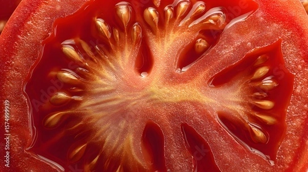 Fototapeta Ultra-detailed macro imagery of a ripe tomato slice showcasing vibrant red hues, intricate seed details, textured flesh, and a naturally ambient background with soft, artistic lighting.