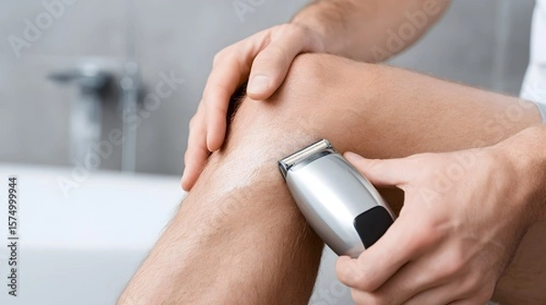 Fototapeta Detailed Close-Up Illustration of a Man Employing a Modern Electric Epilator Device for Precise Leg Grooming and Advanced Skincare