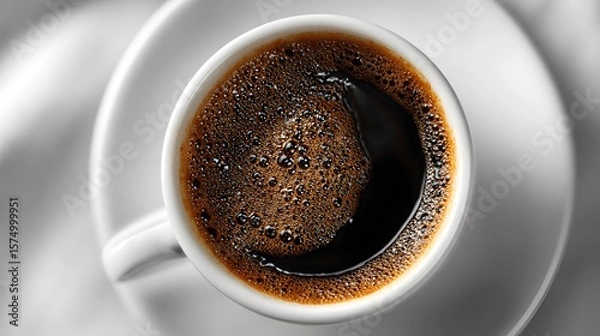 Fototapeta Detailed close-up of elegant black coffee in a white cup with mesmerizing interplay of light and shadow from an overhead view.