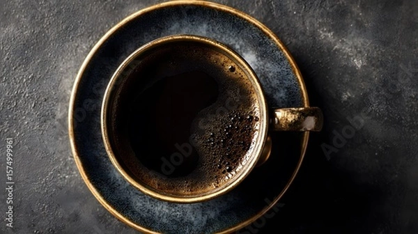Fototapeta Exquisite close-up aerial view of robust black coffee in a porcelain cup and saucer, emphasizing roasted richness and smooth elegance.