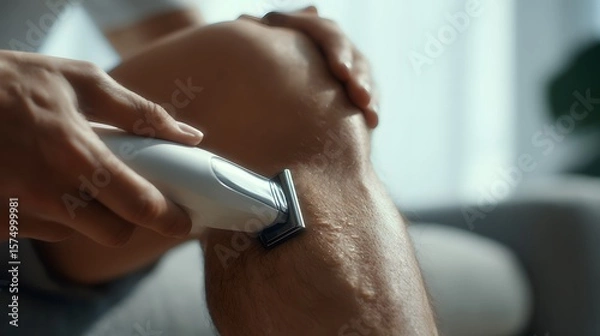 Fototapeta Detailed Close-Up Illustration of a Man Employing a Modern Electric Epilator Device for Precise Leg Grooming and Advanced Skincare