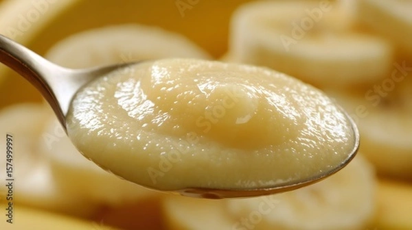 Fototapeta Ultra-Detailed Close-Up of Fresh Bananas Puree on a Spoon with Natural Lighting Reflection