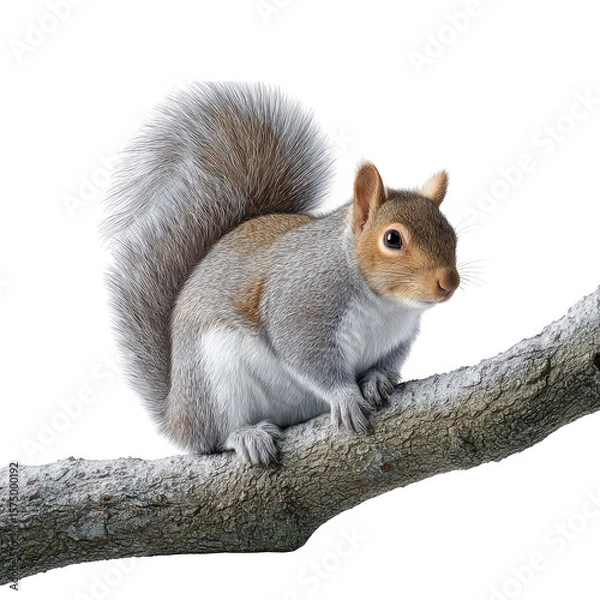 Fototapeta Gray squirrel sitting on a branch isolated on transparent background