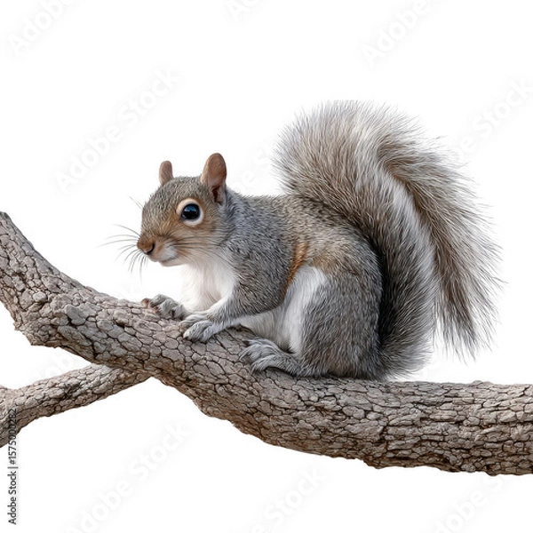 Fototapeta Detailed gray squirrel perched on a gnarled branch isolated on transparent background