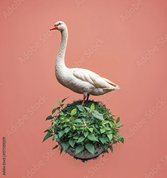 Obraz Elegant white goose standing on a floating green mossy plant sphere against a pastel coral background. Surreal nature composition blending wildlife, greenery, and minimalistic aesthetics.