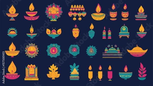 Fototapeta Bundle of Fifty Diwali Set Flat Style Icons