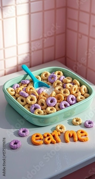 Obraz Colorful cereal loops in a turquoise bowl with a blue spoon on a pastel pink tiled counter. Orange cereal letters spell “eat me,” adding playful and whimsical charm to the breakfast setup.