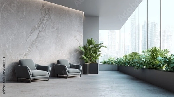 Fototapeta Serene lobby interior with grey armchairs, marble wall, plants, and city view through large windows, creating a calming atmosphere.