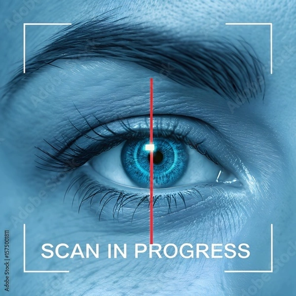 Fototapeta Close-up of a human eye with a blue iris. A scanning interface is visible, indicating a biometric scan in progress. The image has a futuristic technology theme.