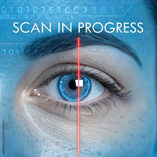 Fototapeta Close-up of a human eye with a blue iris. A red laser line scans across the eye, indicating a biometric scan in progress. Digital elements are visible in the background.