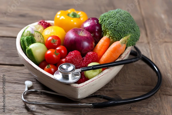 Obraz Healthy diet and medical care concept with fresh fruits and vegetables and stethoscope
