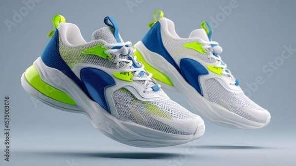Fototapeta Blank modern running shoes mockup with mesh upper and colorful accents on light grey background
