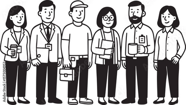 Fototapeta Monochrome vector pack of office and casual workers standing in a row with badges, laptops, tool belts, and mugs in a clean, minimal style for corporate materials.