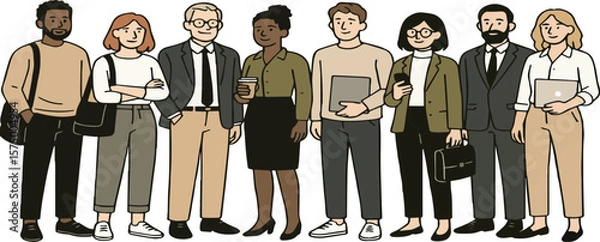 Fototapeta Vector illustration of a diverse office team standing in a row, with muted colours, casual and professional outfits, and simple line art for corporate and creative projects.