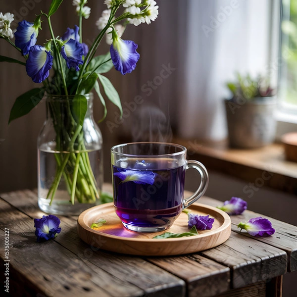 Fototapeta Cup of tea with flowers on a table in the morning light