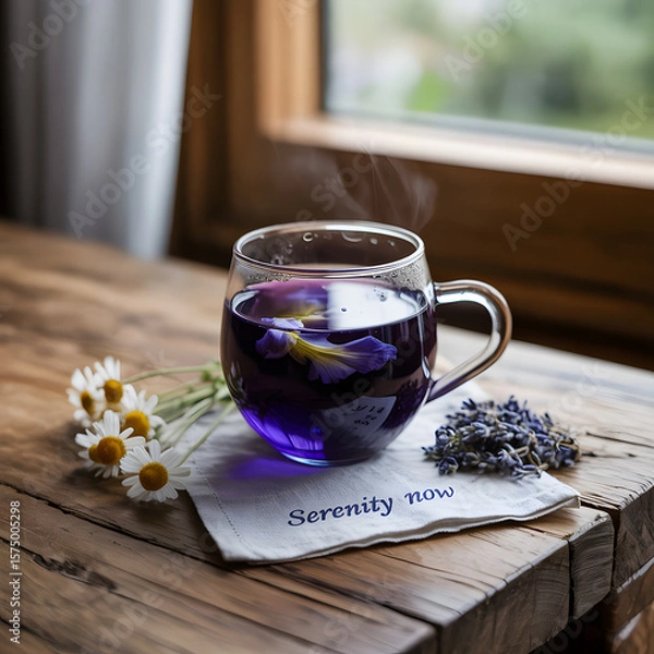Fototapeta Cup of tea with flowers on a table in the morning light