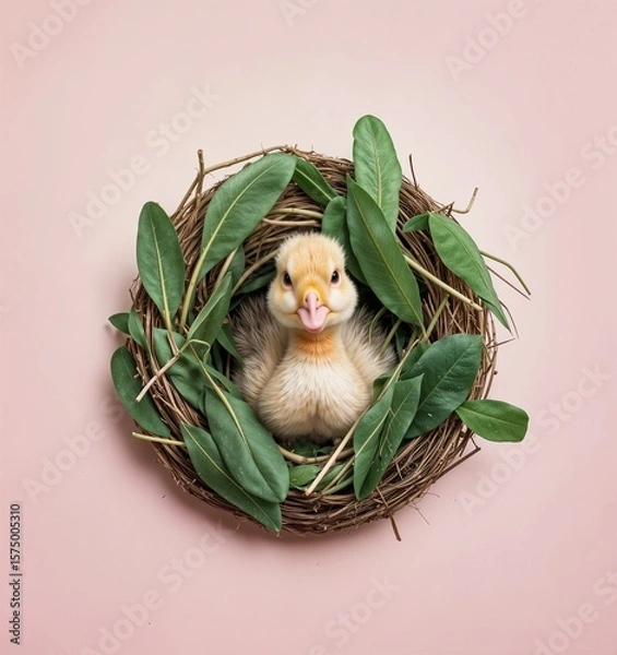 Obraz Adorable duckling sitting in a nest made of twigs and green leaves, placed on a soft pink background. The composition is minimal, cute, and ideal for spring or Easter-themed visuals.