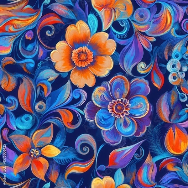 Obraz Floral pattern with vibrant orange and blue flowers