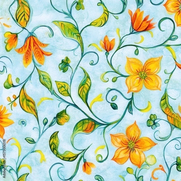 Obraz Orange flowers and green leaves create a watercolor pattern