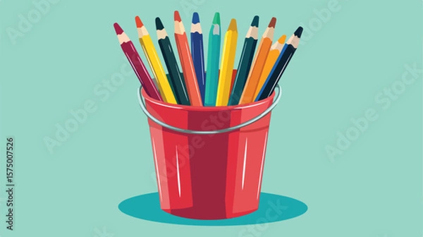 Fototapeta Colorful Bucket with Crayons Flat Vector Illustration