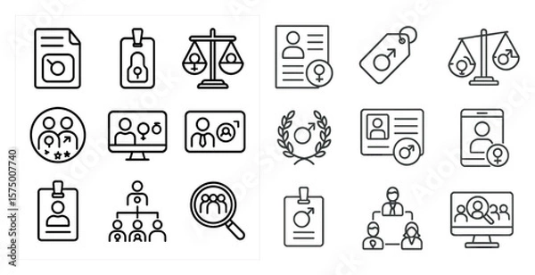 Fototapeta Set of icons for a company logo. The icons include a person with a magnifying glass, a scale, a person with a badge, and a person with a computer