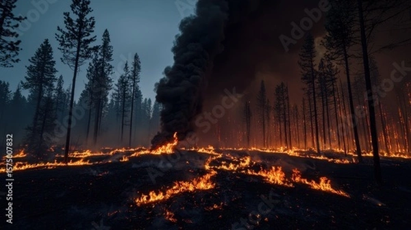 Fototapeta Dense forest ablaze with raging wildfires engulfing trees and smoke billowing into the sky