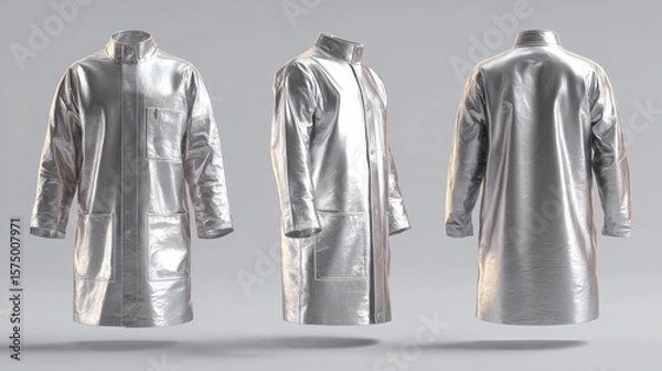 Fototapeta Silver aluminized foundry coat mockup with front, side, and back views showing reflective heat-protective design