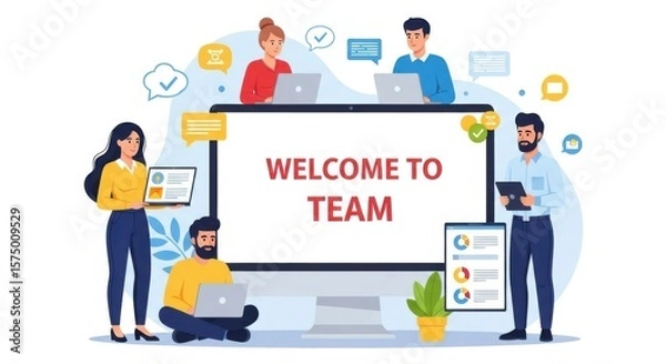 Obraz Illustration of individuals working near a monitor displaying welcome to team
